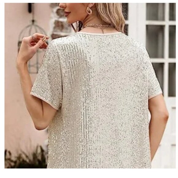 Sequin Tops Sparkly Glitter Blouse Sequined Short Sleeve Shirt Size L NWT - Picture 4 of 15